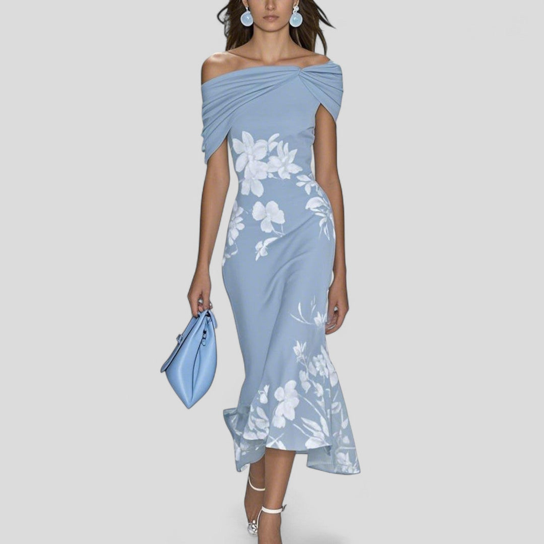 Women's Floral Midi Dress Off Shoulder Bodycon Wedding Guest