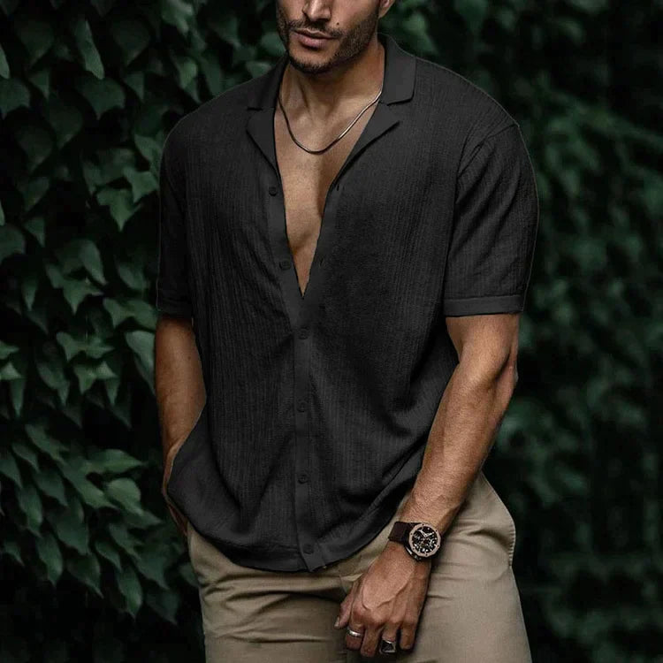 Ribbed Knit Camp Collar Short Sleeve Button Down Mens Casual Shirt