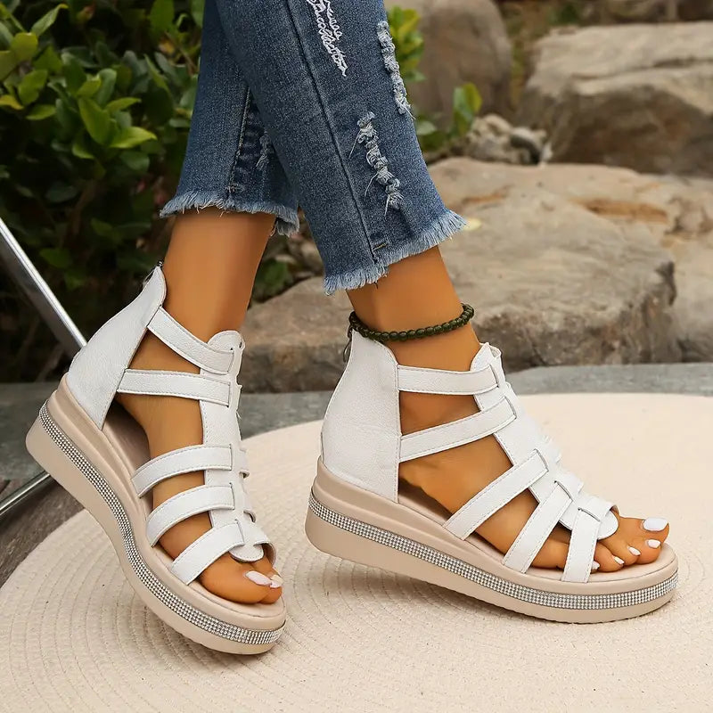 Caged Multi Strap Back Zip Rhinestone Trim Platform Sandal