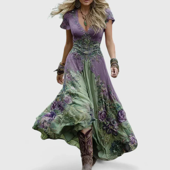 V Neck Boho Maxi Dress Short Sleeve