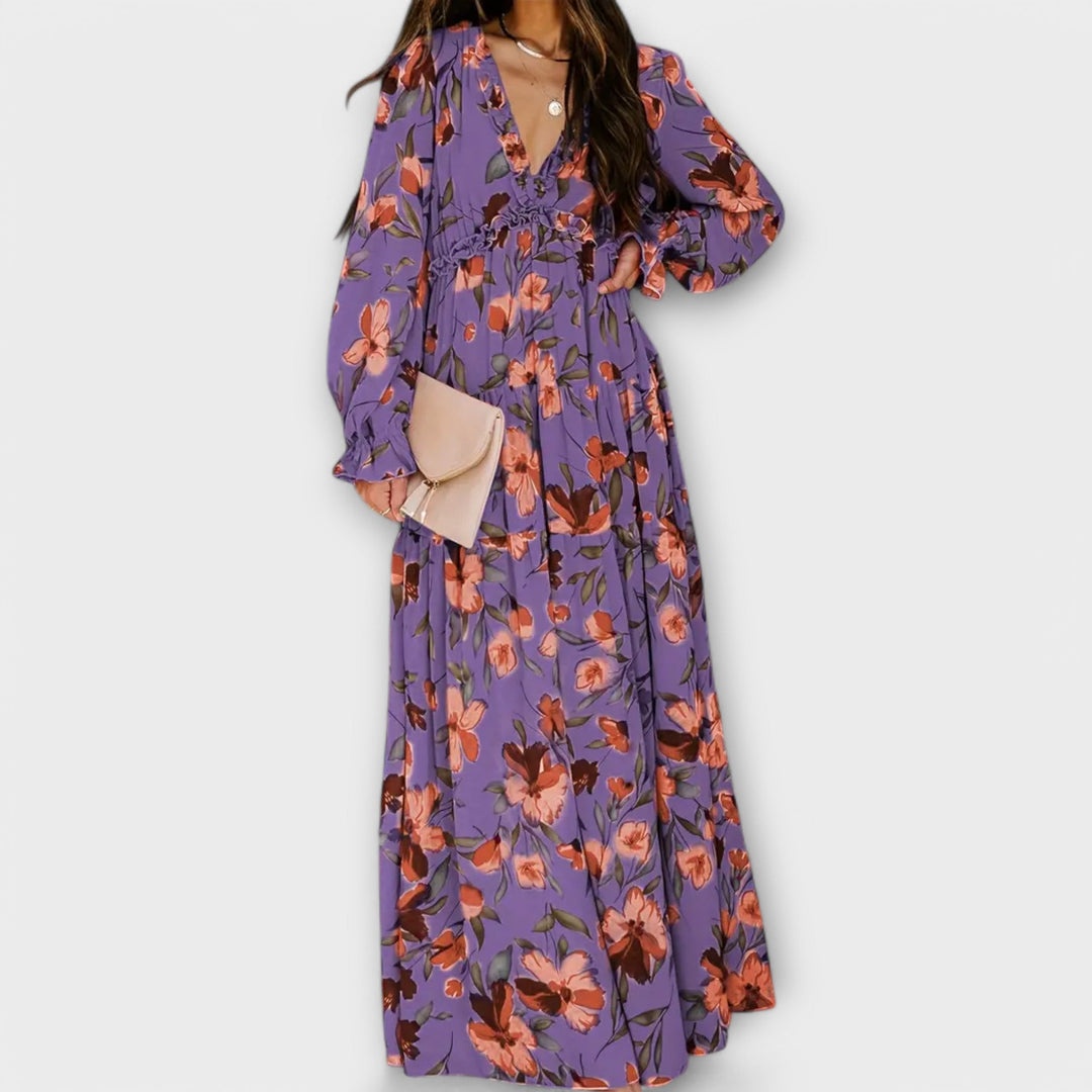 Long Sleeve Floral Maxi Dress Tiered Fit