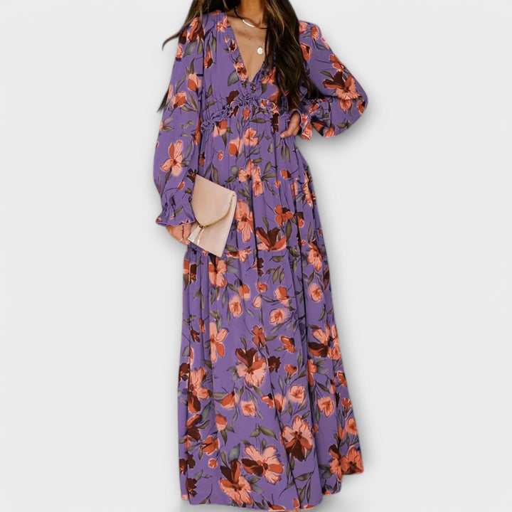 Long Sleeve Floral Maxi Dress Tiered Fit
