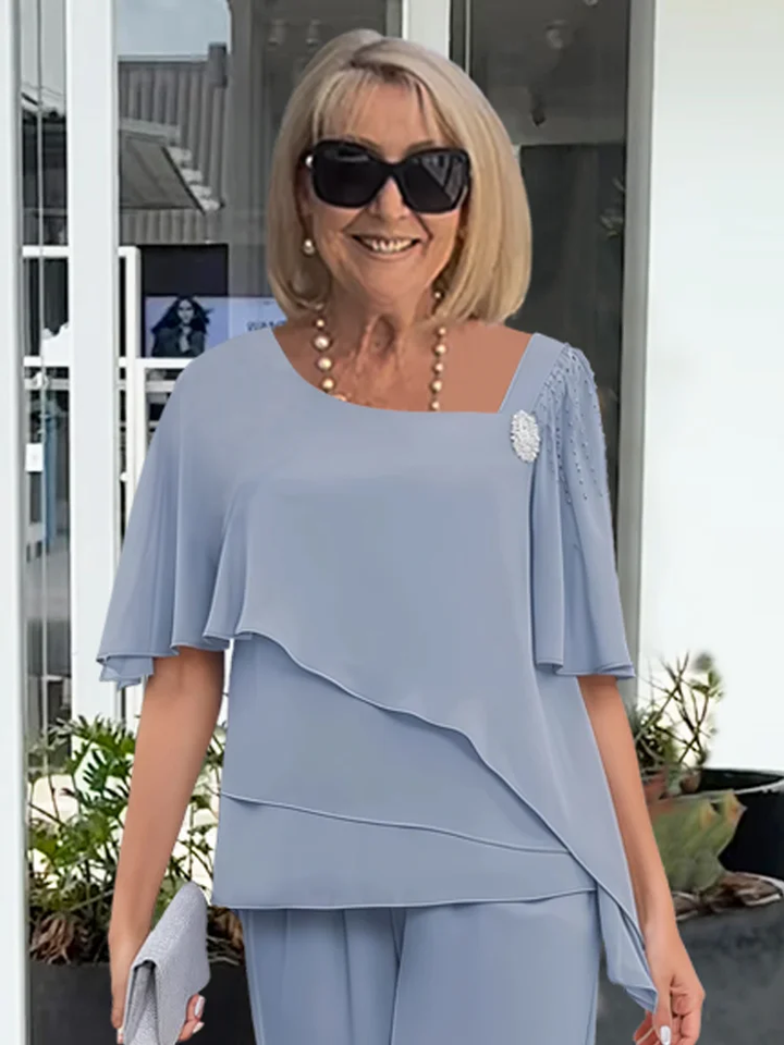 Pearl Brooch Tiered Chiffon Cape Top and Wide Leg Pant Set