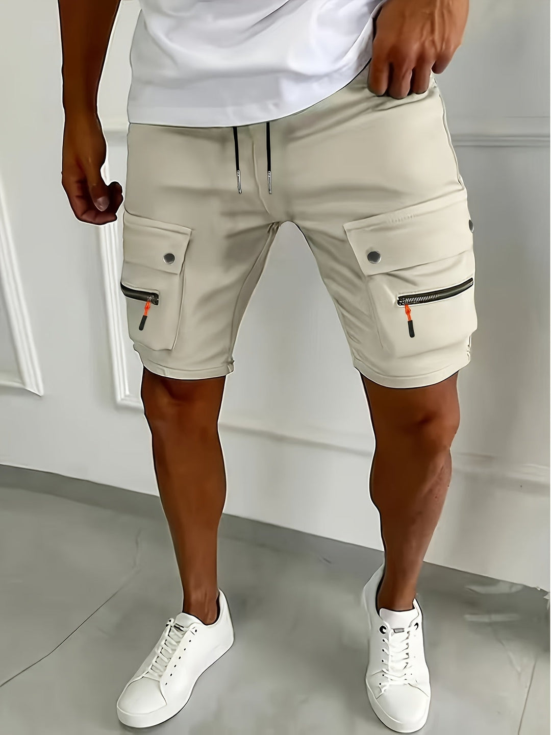 Zip Pocket Snap Flap Drawstring Slim Fit Mens Cargo Shorts