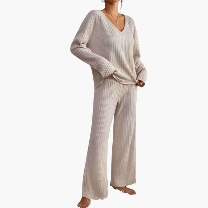 Lucienne | Women's Ribbed V Neck Sweater Wide Leg Pants Set