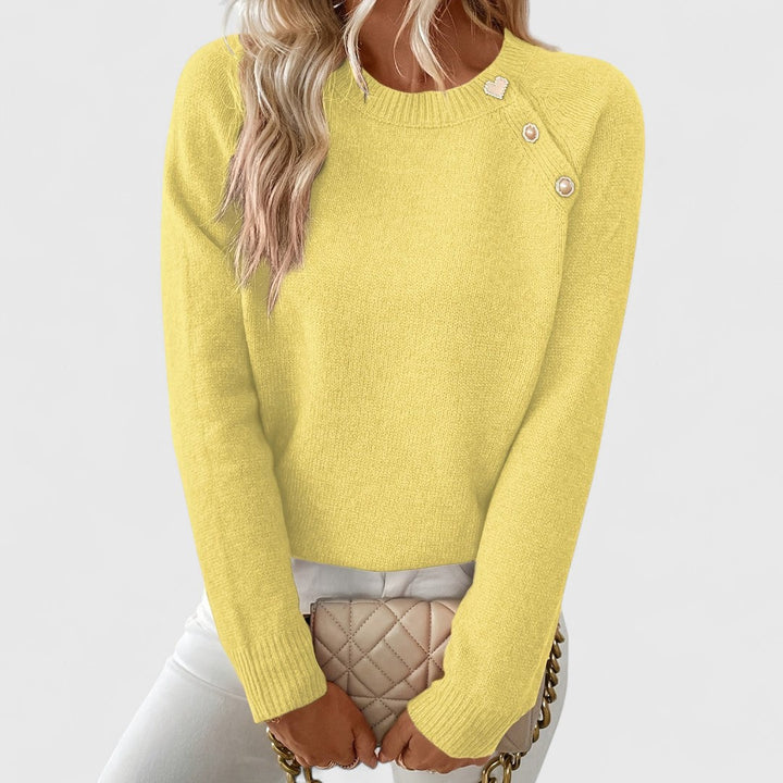 Guinevere | Women's Round Neck Sweater with Pearl Button Shoulder Trim