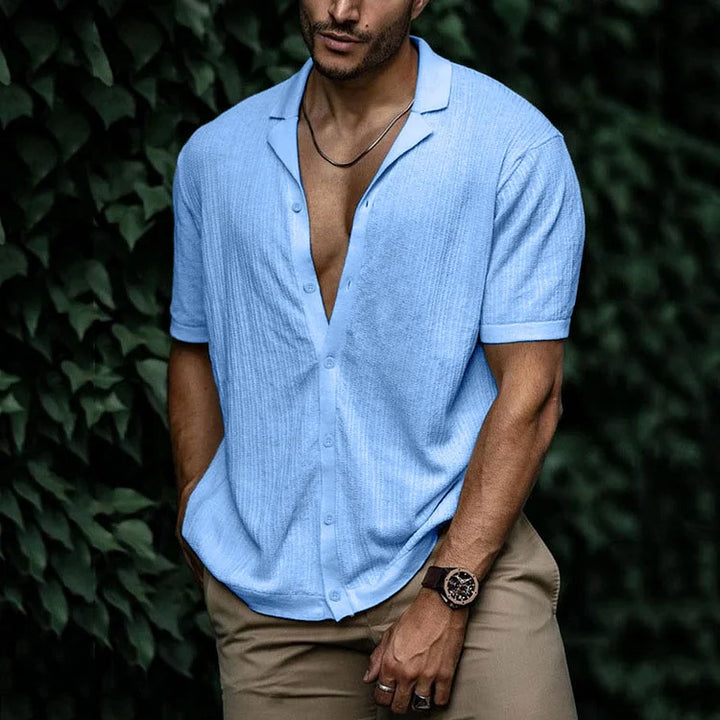 Ribbed Knit Camp Collar Short Sleeve Button Down Mens Casual Shirt