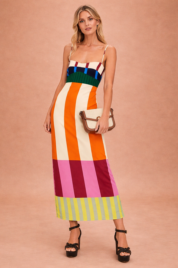 Women's Striped Midi Dress Bodycon Spaghetti Strap Summer Vacation
