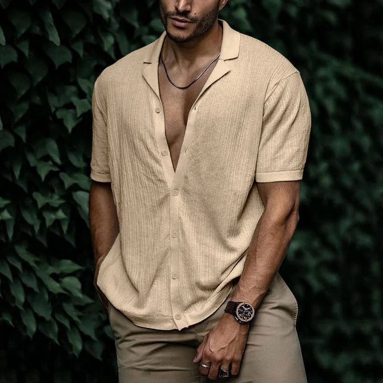 Ribbed Knit Camp Collar Short Sleeve Button Down Mens Casual Shirt