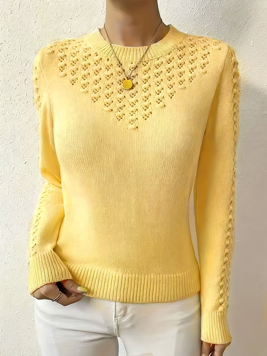 Guinevere | Women's Pointelle Knit Crew Neck Sweater