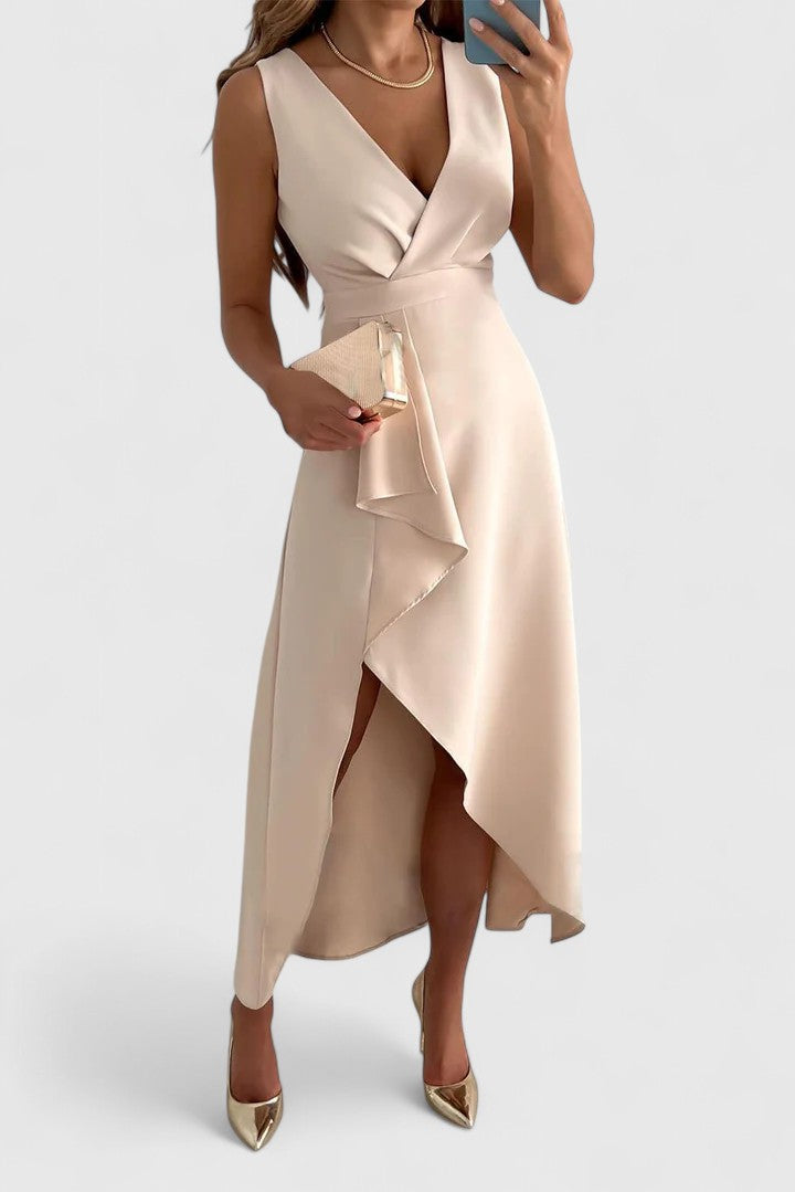 Sleeveless Wrap Midi Dress Tie Waist Elegant