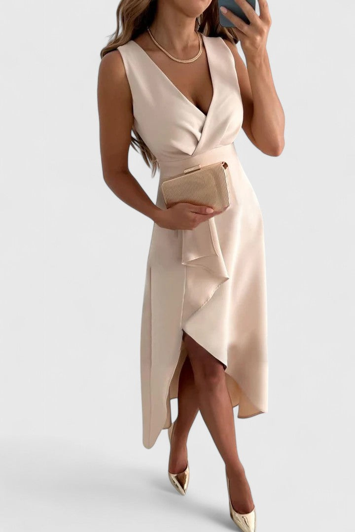 Sleeveless Wrap Midi Dress Tie Waist Elegant