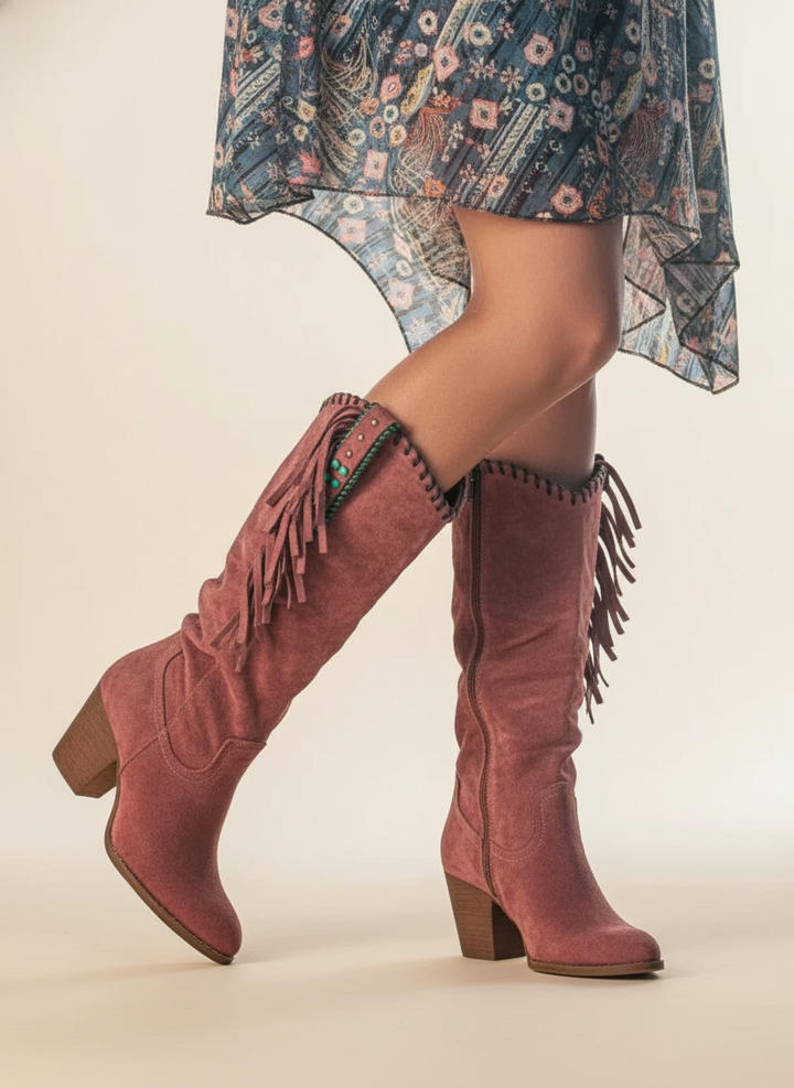 Fringe Concho Stitch Trim Slouch Suede Knee High Western Boot