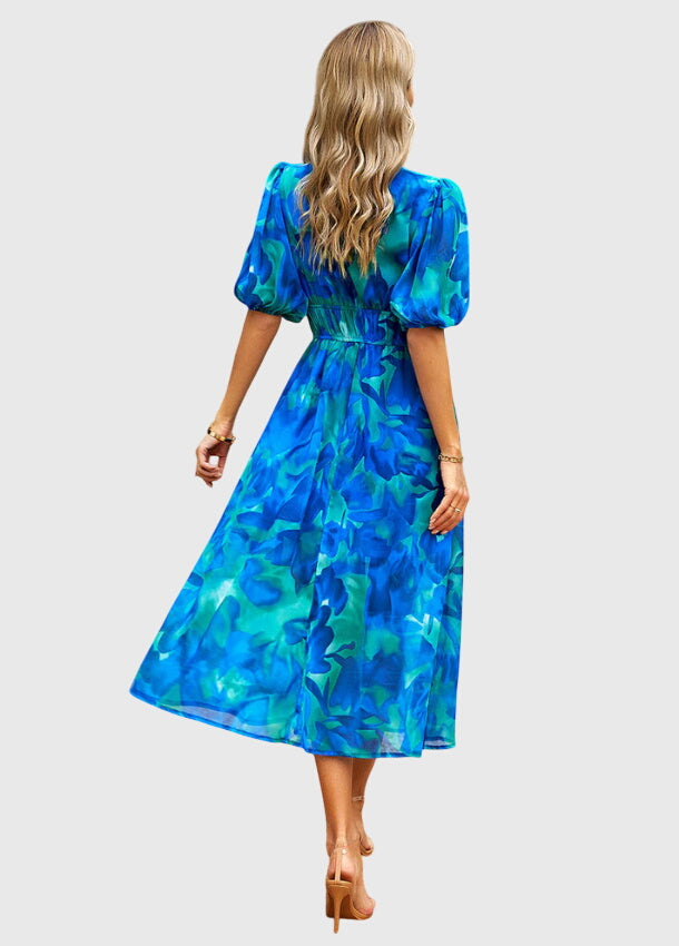 Short Sleeve Floral Midi Dress Elastic Waist
