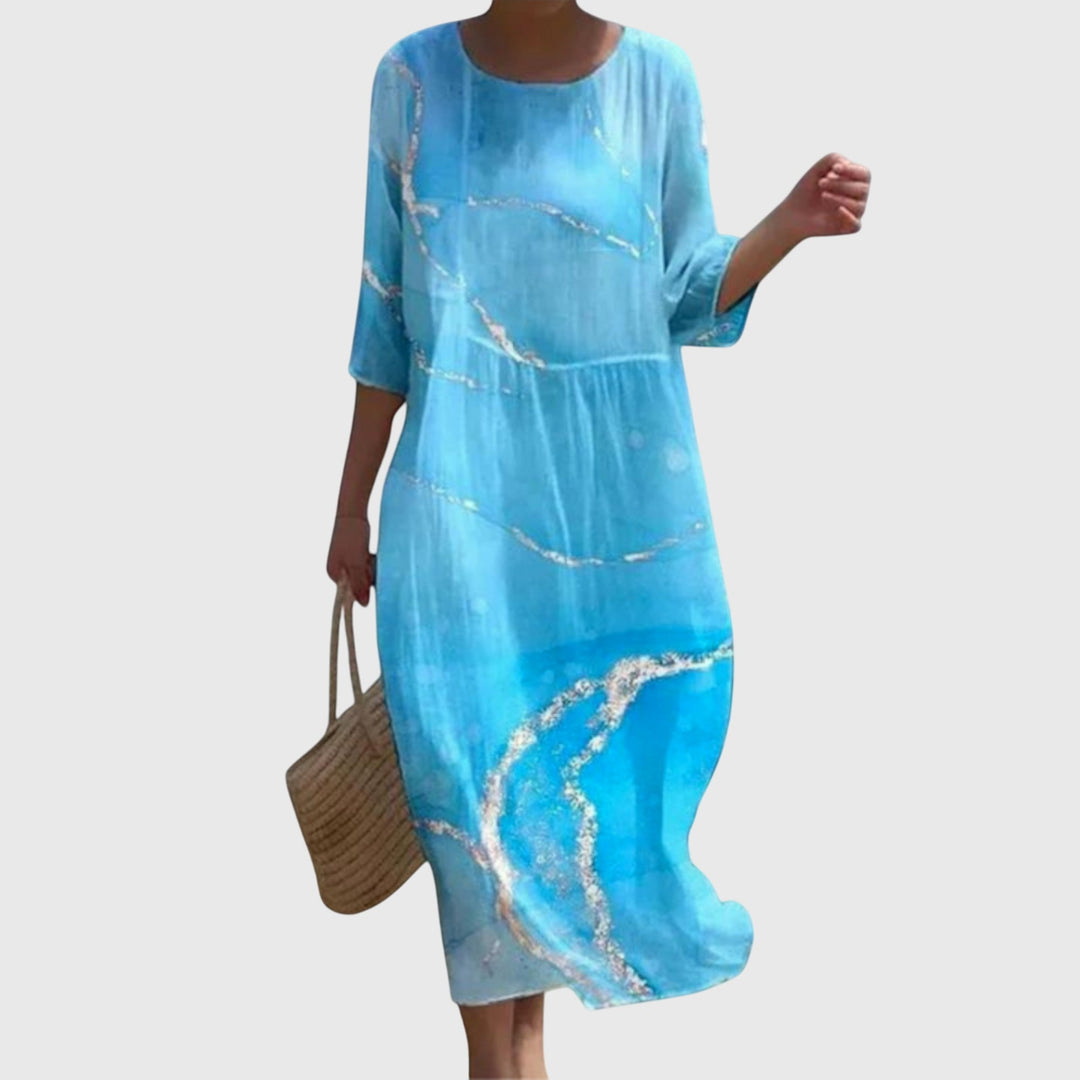 Floral Midi Dress Loose Fit Three Quarter Sleeve