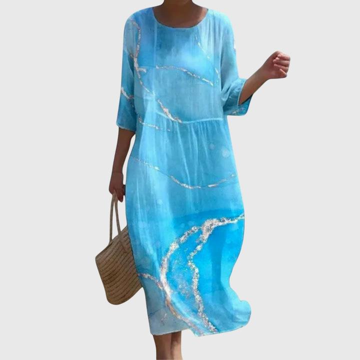 Floral Midi Dress Loose Fit Three Quarter Sleeve