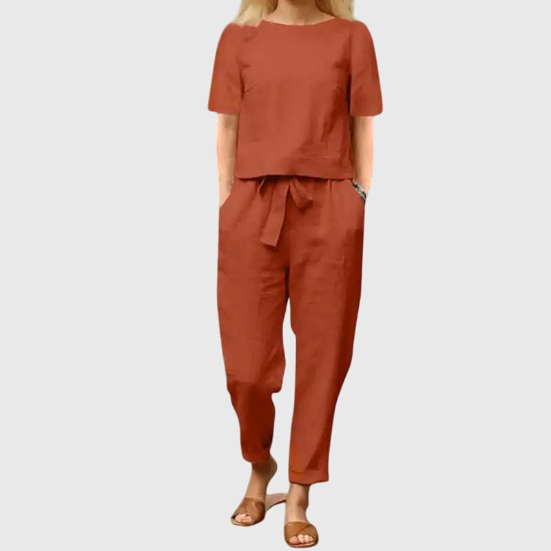 Cotton Linen Crop Top Tapered Trouser Set Women