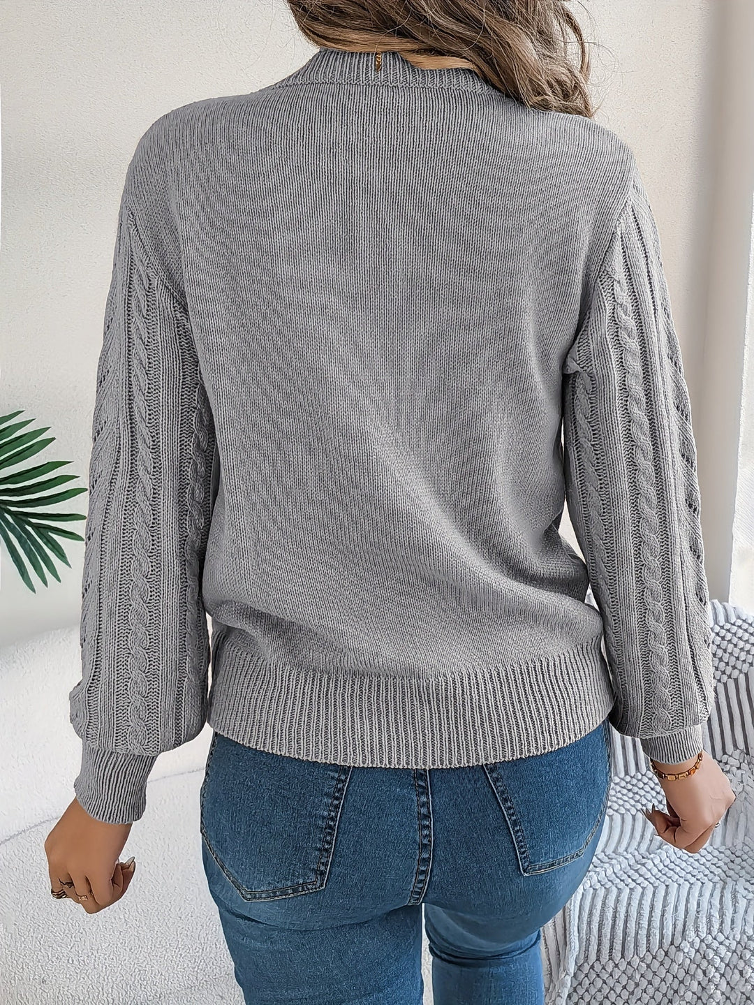 Dorothea | Women's Crew Neck Sweater in Textured Pointelle and Cable Knit
