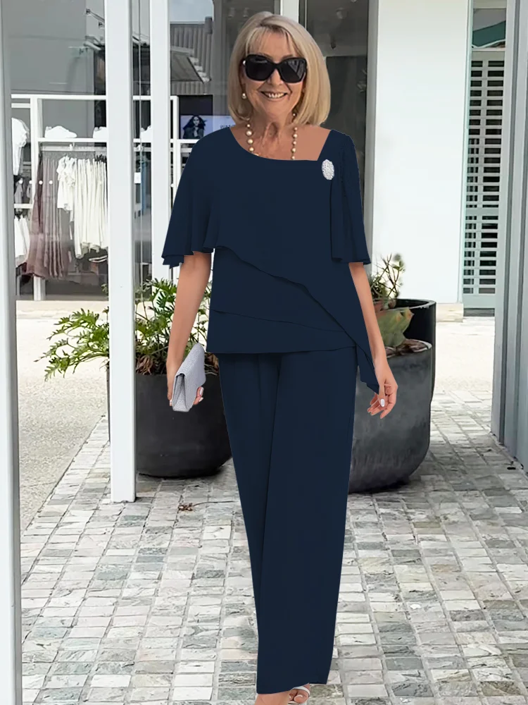 Pearl Brooch Tiered Chiffon Cape Top and Wide Leg Pant Set