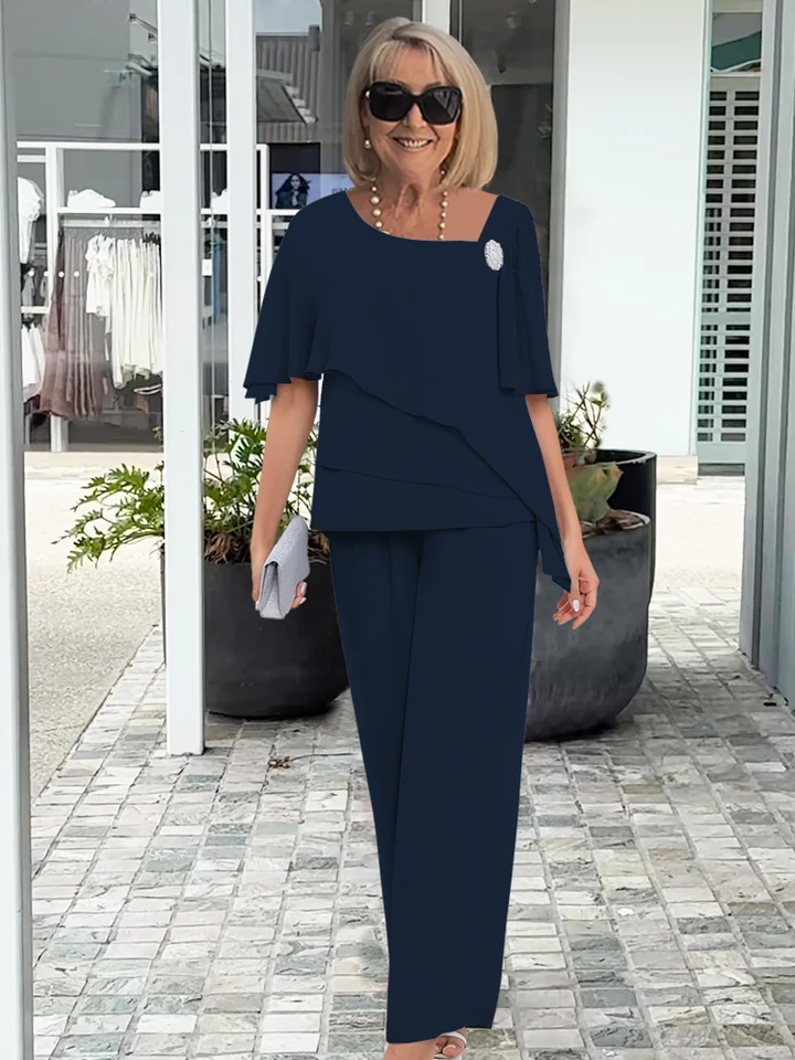 Pearl Brooch Tiered Chiffon Cape Top and Wide Leg Pant Set