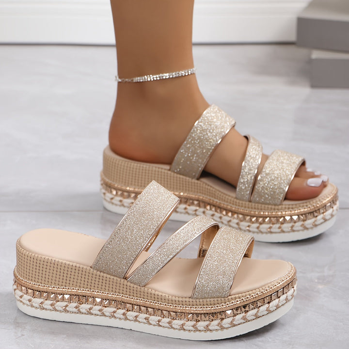 Triple Glitter Strap Studded Sole Espadrille Platform Wedge