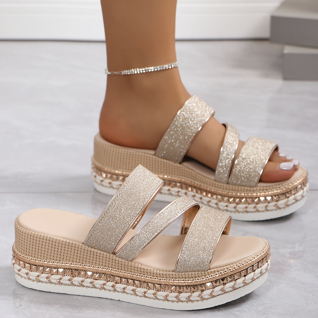 Triple Glitter Strap Studded Sole Espadrille Platform Wedge