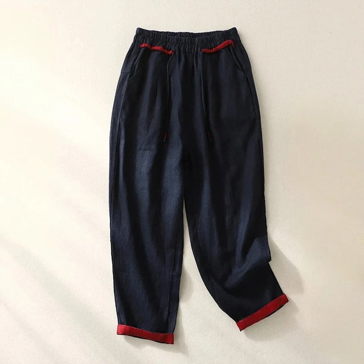 Contrast Cuff Drawstring Linen Capri Pants Women - Casual