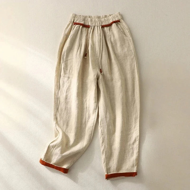 Contrast Cuff Drawstring Linen Capri Pants Women - Casual