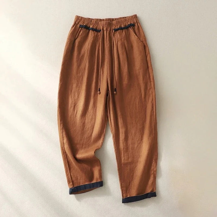 Contrast Cuff Drawstring Linen Capri Pants Women - Casual