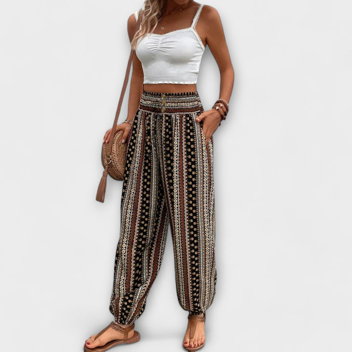 Tribal Print Smocked Waist Boho Pants Women - Festival Style
