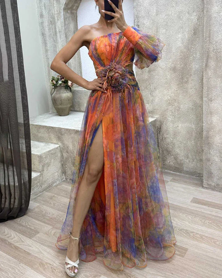 Floral Print One Shoulder Corsage Tulle Split Maxi Dress - Formal Evening Gown