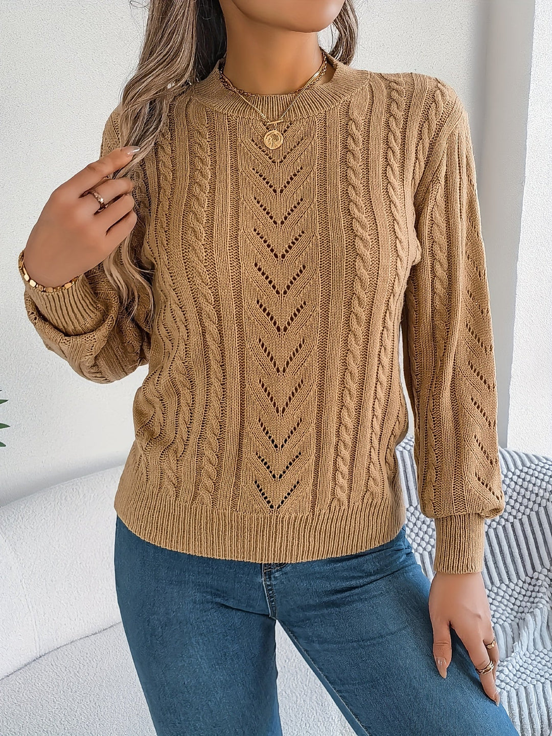 Dorothea | Women's Crew Neck Sweater in Textured Pointelle and Cable Knit