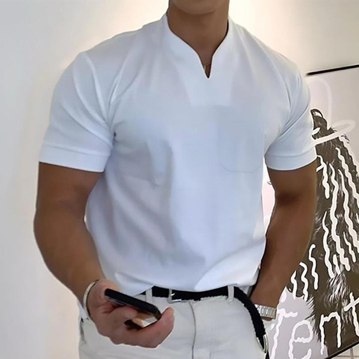 V Neck Chest Pocket Slim Fit Short Sleeve Casual Tee