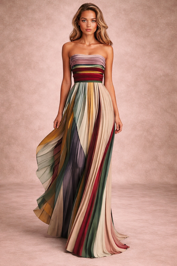 Women's Striped Strapless Maxi Dress Pleated Evening Gown Formal