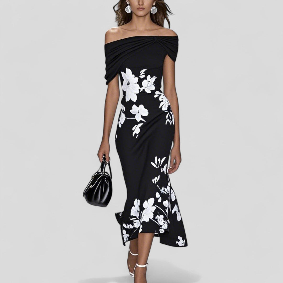 Women's Floral Midi Dress Off Shoulder Bodycon Wedding Guest