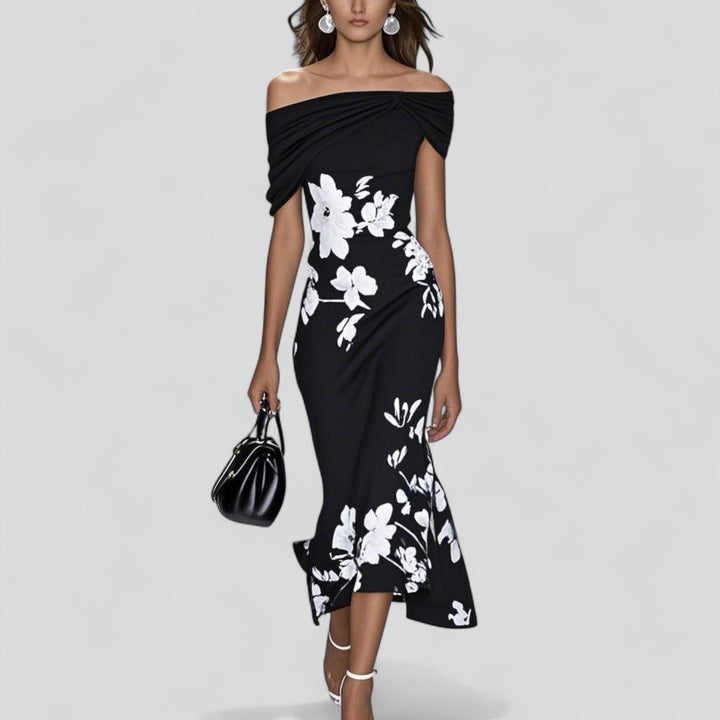 Women's Floral Midi Dress Off Shoulder Bodycon Wedding Guest