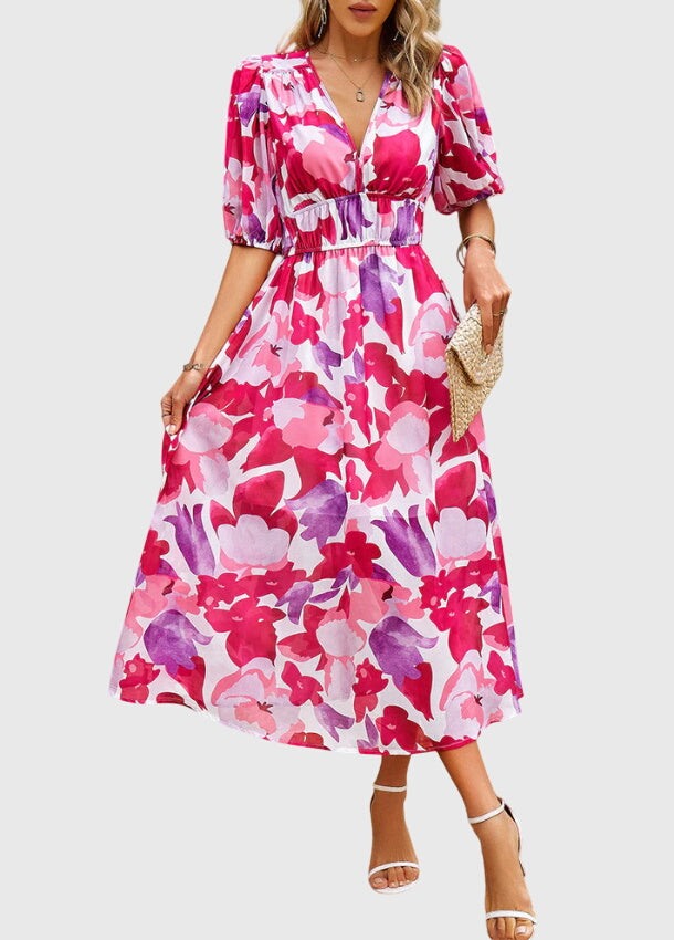 Short Sleeve Floral Midi Dress Elastic Waist