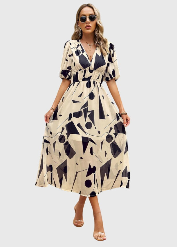 Short Sleeve Floral Midi Dress Elastic Waist