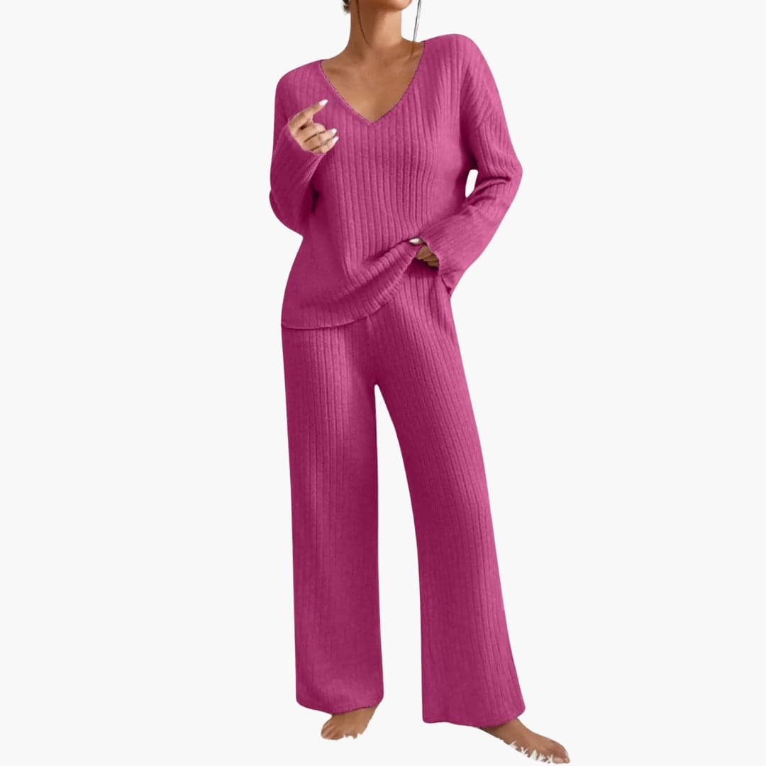 Lucienne | Women's Ribbed V Neck Sweater Wide Leg Pants Set