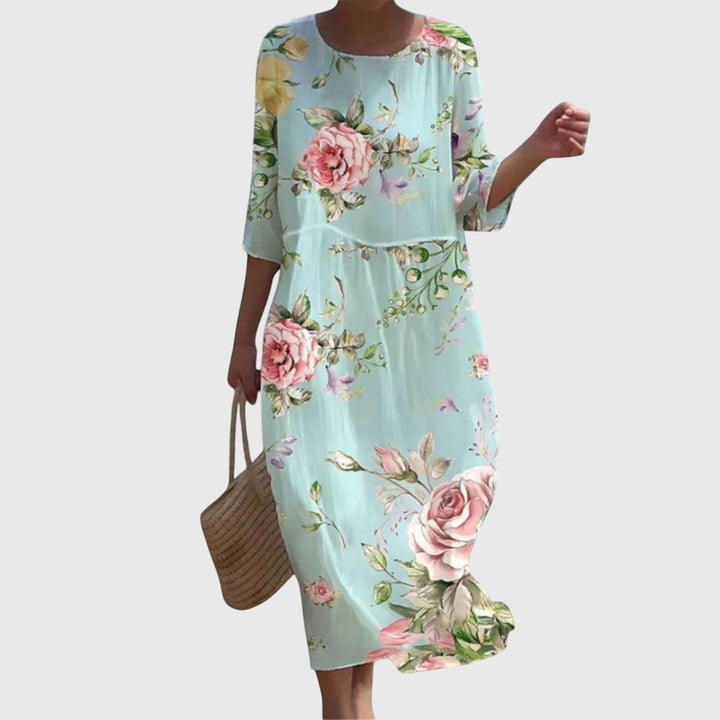 Floral Midi Dress Loose Fit Three Quarter Sleeve