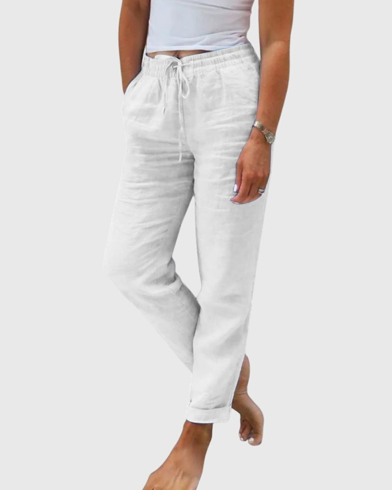 Drawstring Elasticated Linen Pants Women - Straight Leg Casual