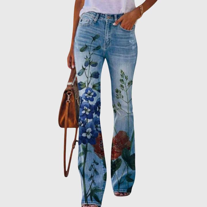 Floral Print High Waisted Flare Jeans Women - Boho Style
