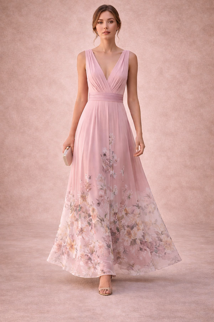 Women's Floral Chiffon Maxi Dress V Neck Sleeveless Wedding Guest