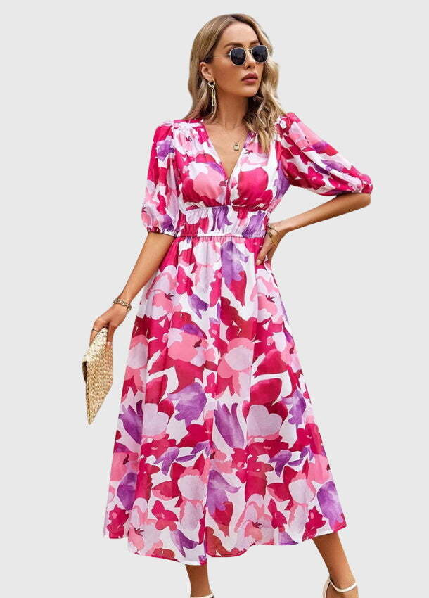 Short Sleeve Floral Midi Dress Elastic Waist