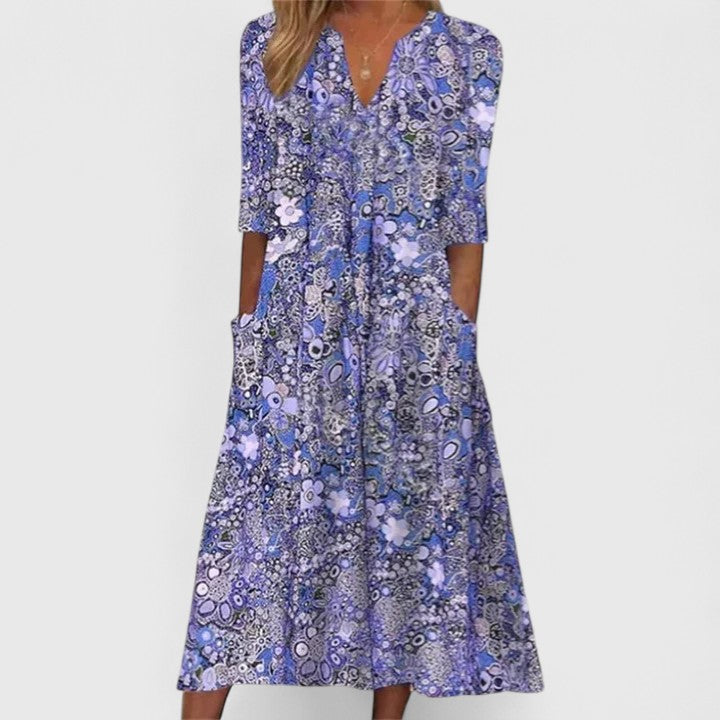 V Neck Floral Midi Dress Loose Fit