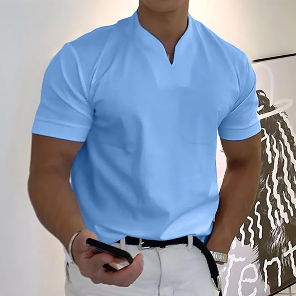 V Neck Chest Pocket Slim Fit Short Sleeve Casual Tee