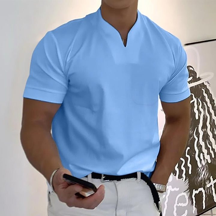 V Neck Chest Pocket Slim Fit Short Sleeve Casual Tee