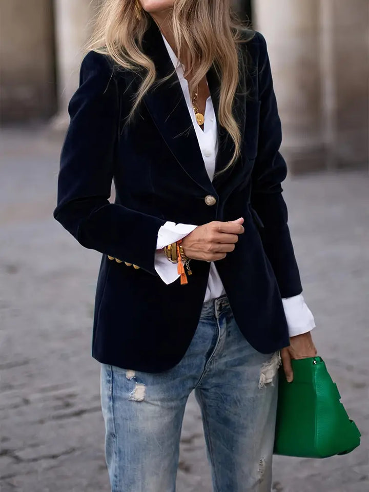 Peak Lapel Gold Button Cuff Single Breast Velvet Blazer