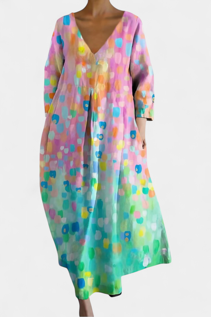 Colourful Abstract Midi Dress Loose Fit Three Quarter Sleeve