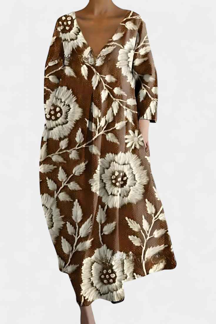 Colourful Abstract Midi Dress Loose Fit Three Quarter Sleeve